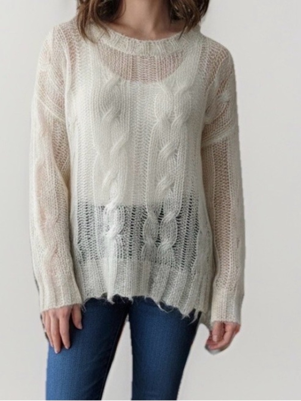 Anthropologie Cream Cable Knit Scoop Crewneck Sweater